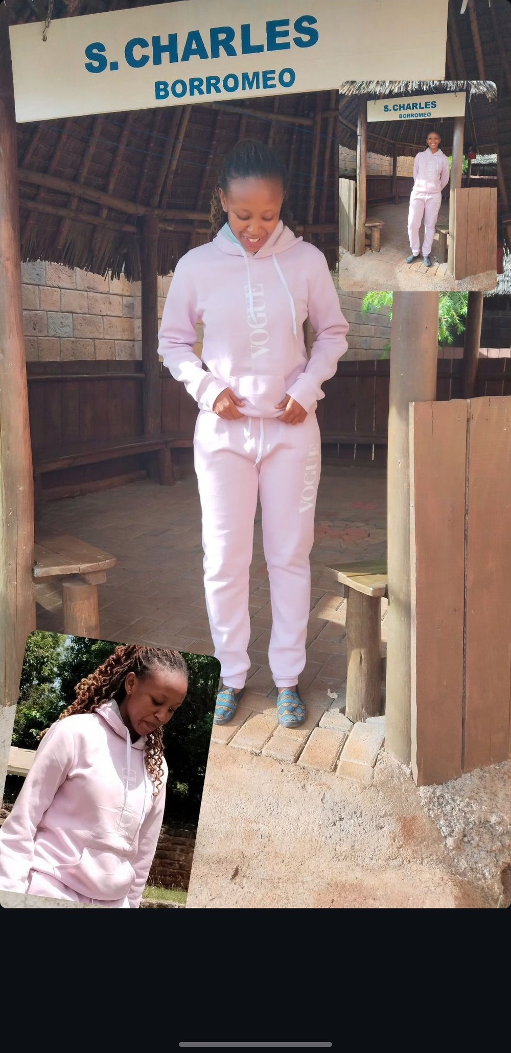 Phyllis smiling, wearing a pink tracksuit